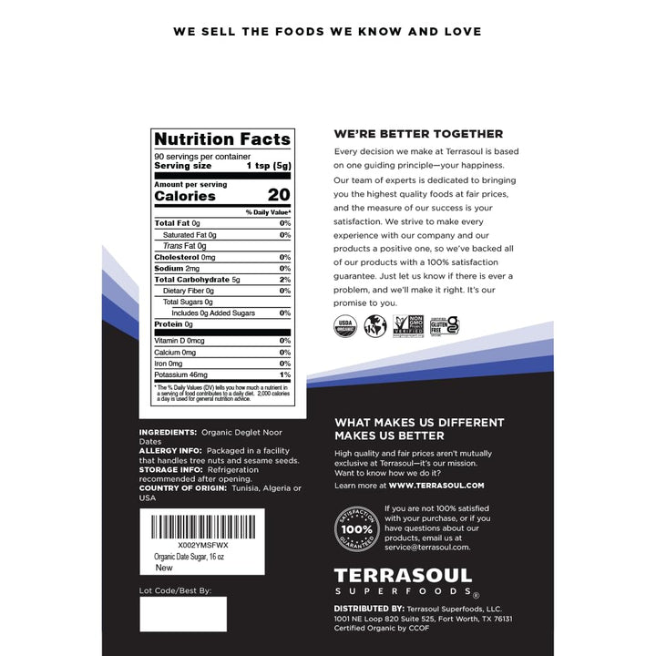 Terrasoul date sugar granules close-up, ideal for baking and caramel-like flavor.