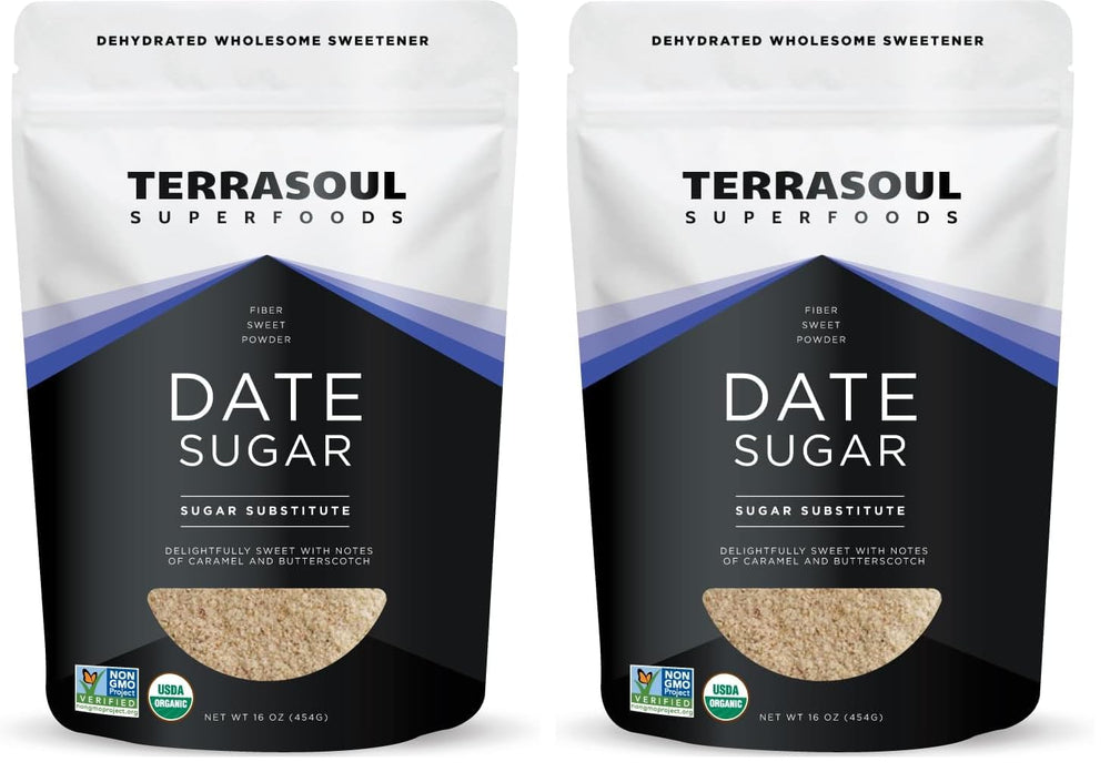 Terrasoul Organic Date Sugar packaging in a two-pack for easy pantry storage.