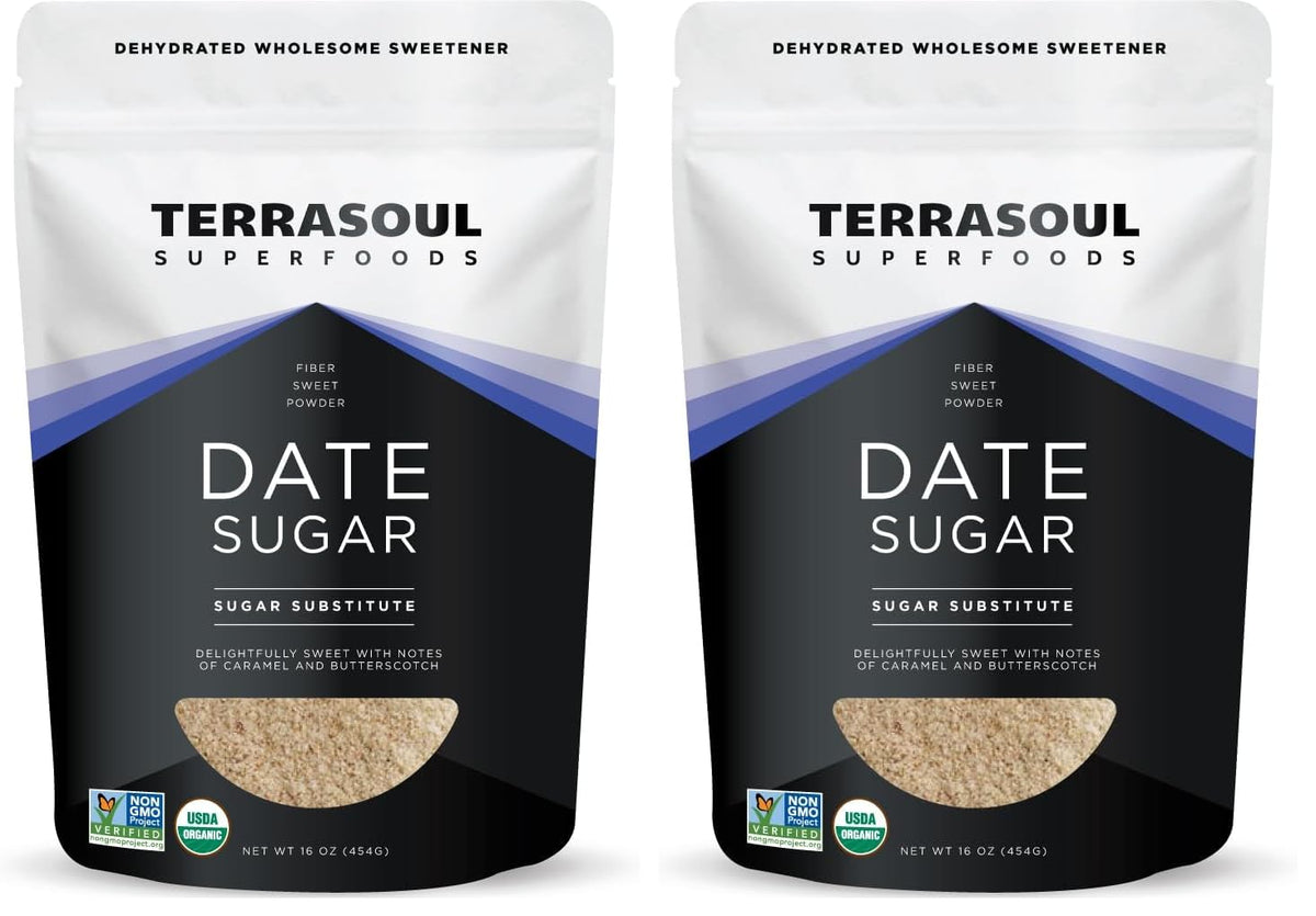 Terrasoul Organic Date Sugar packaging in a two-pack for easy pantry storage.