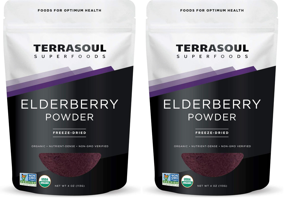 Terrasoul Elderberry Powder pack front with label, ideal for smoothies