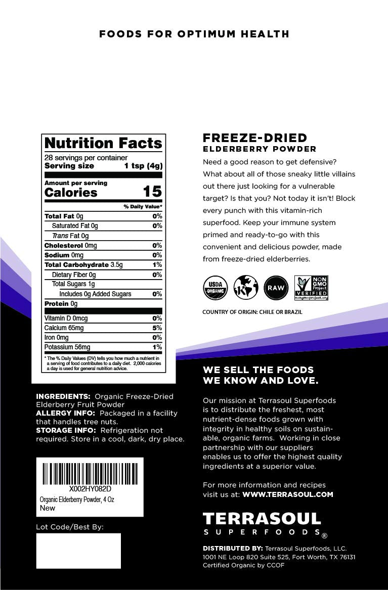 Terrasoul Elderberry Powder label close-up showing organic certification