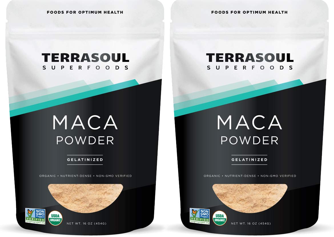 Terrasoul Gelatinized Maca Powder bottle pour highlights easy digestion during blending