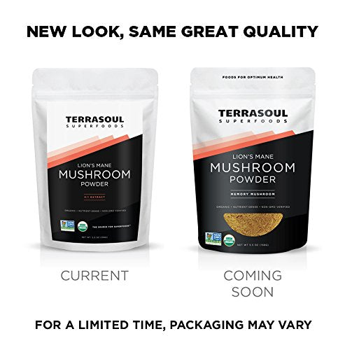 Terrasoul Superfoods Lion's Mane powder packaging highlights organic lab-tested quality