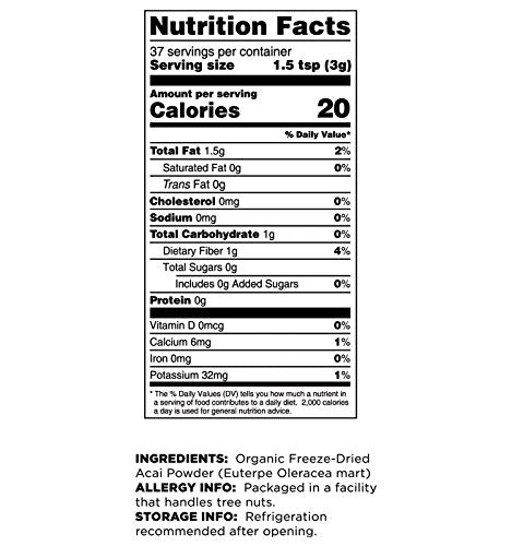 Terrasoul Organic Acai Powder nutrition label highlighting polyphenols and vitamin C.
