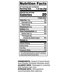 Terrasoul Organic Acai Powder nutrition label highlighting polyphenols and vitamin C.