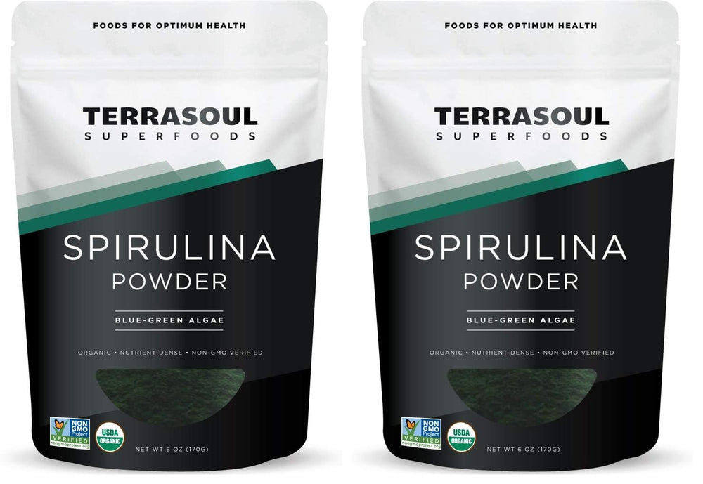 Terrasoul Organic Spirulina powder packaging close-up highlighting freshness and reseal
