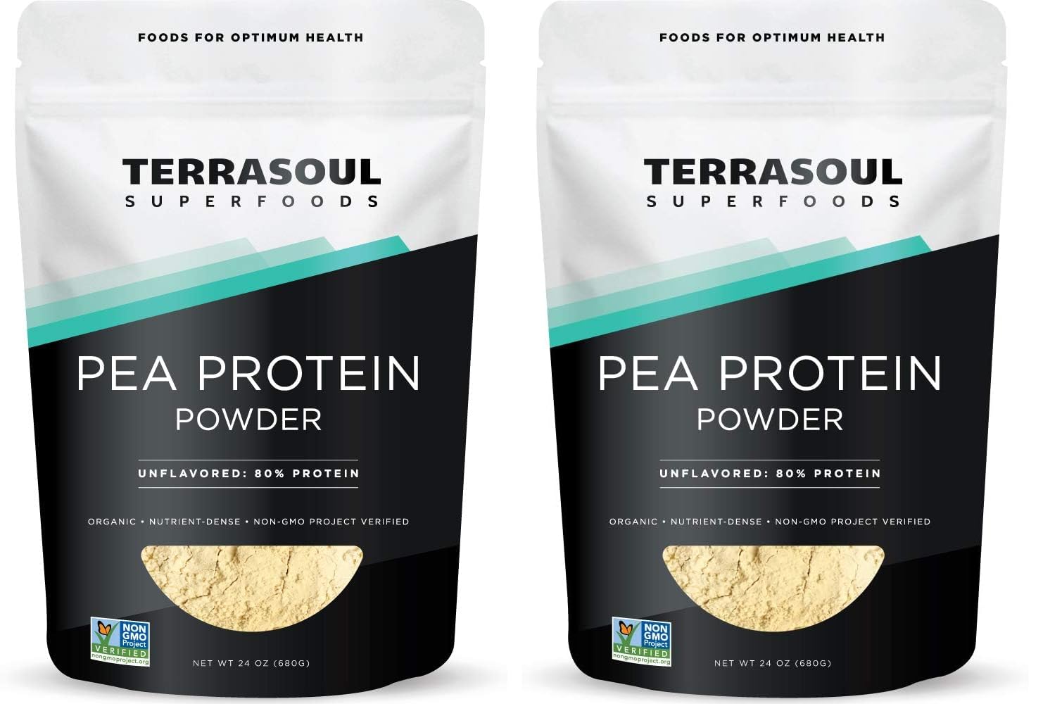 Terrasoul pea protein pouch front, organic, unflavored powder ready to blend.