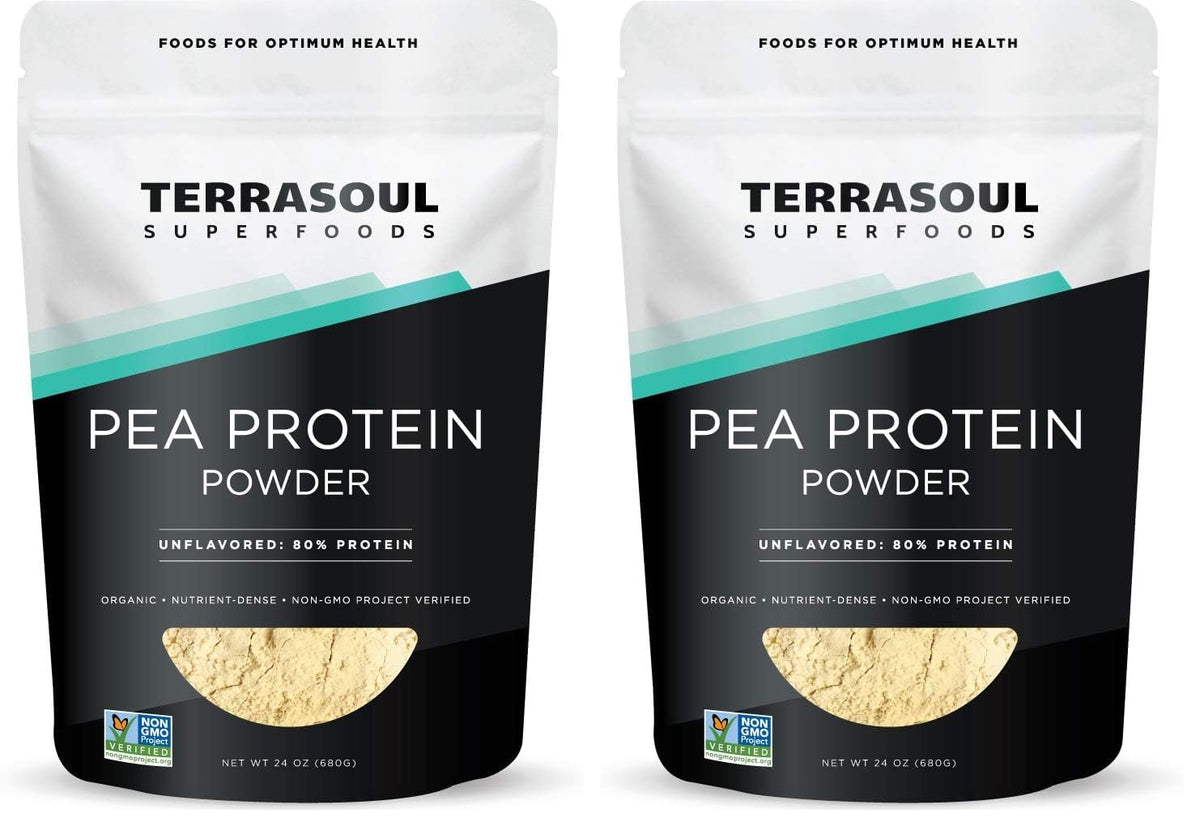 Terrasoul pea protein pouch front, organic, unflavored powder ready to blend.