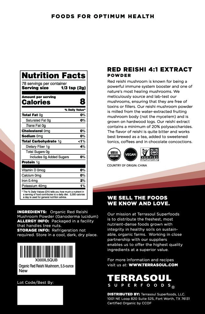 Terrasoul Reishi powder label close-up emphasizes organic vegan formula for daily wellness.