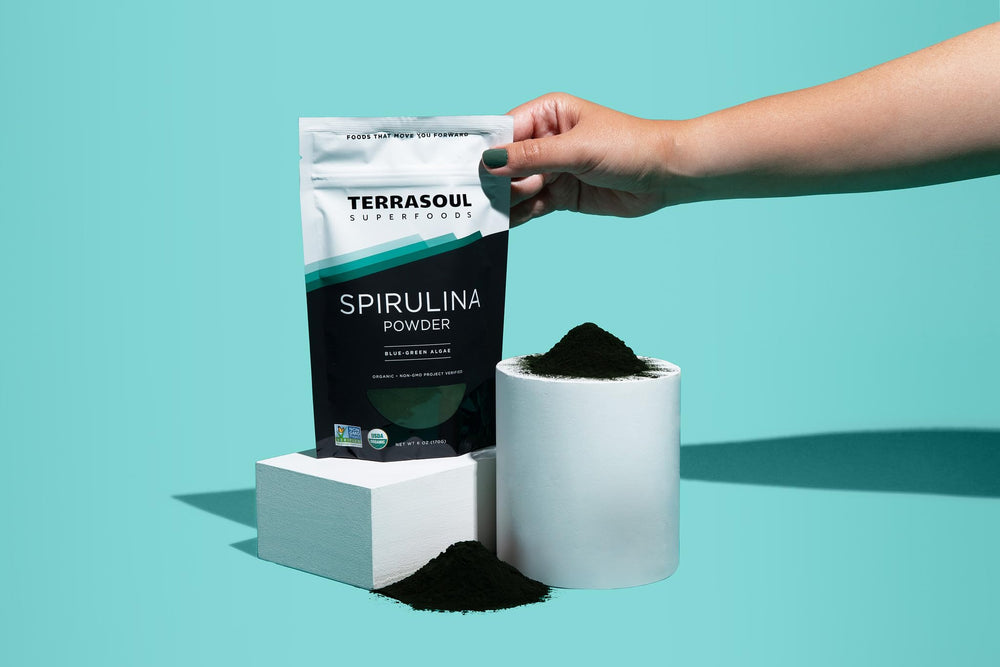 Terrasoul Spirulina powder on a spoon ready to add greens