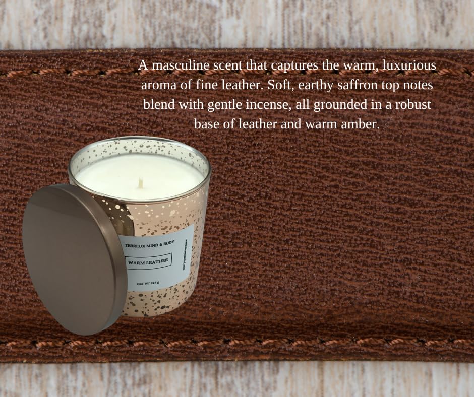 Terreux Patchouli Sandalwood candle in glass jar with calming glow.