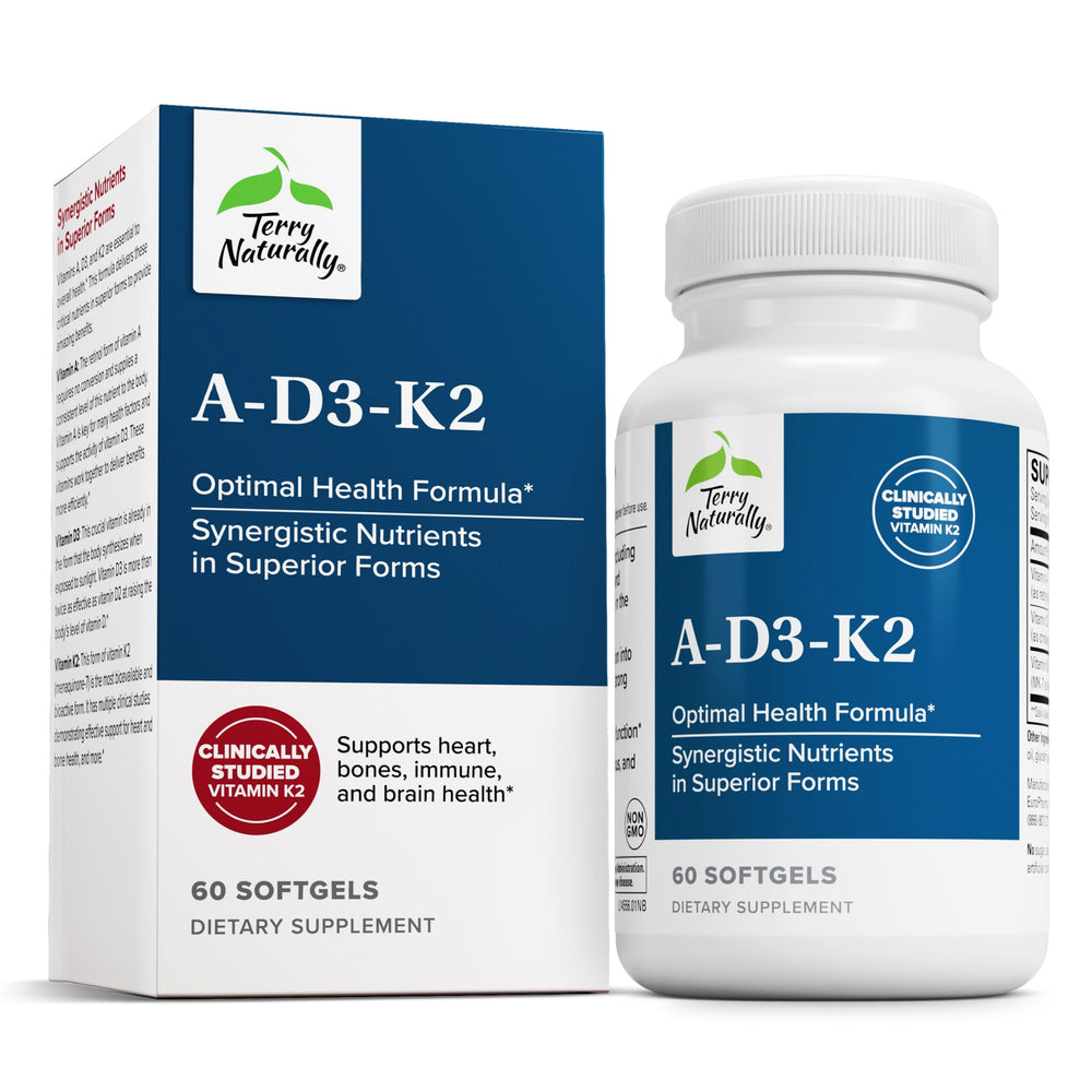 Terry Naturally A•D3•K2 bottle showing heart and bone support.