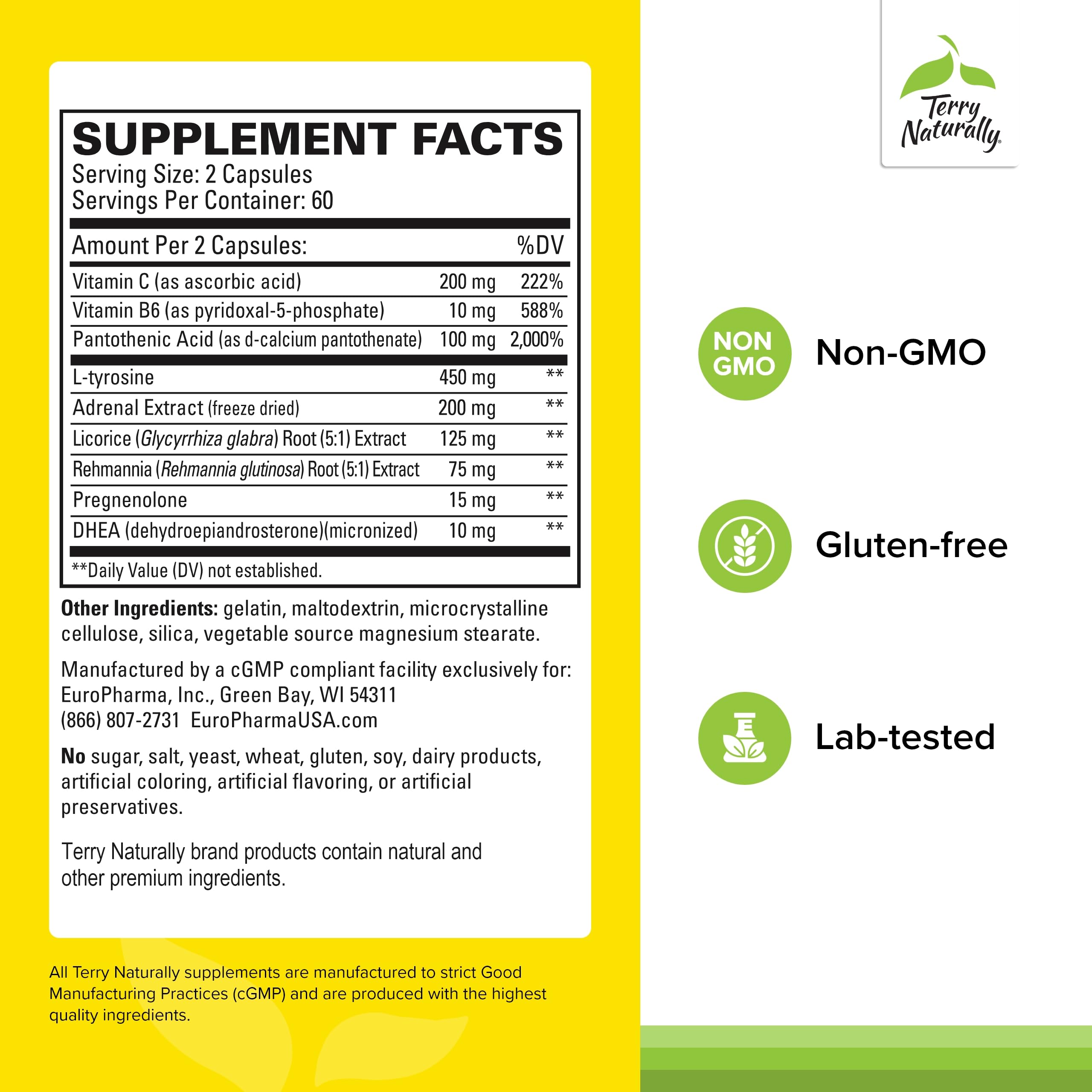 Terry Naturally Adrenaplex bottle label close-up highlighting ingredients like vitamin C for daily energy support