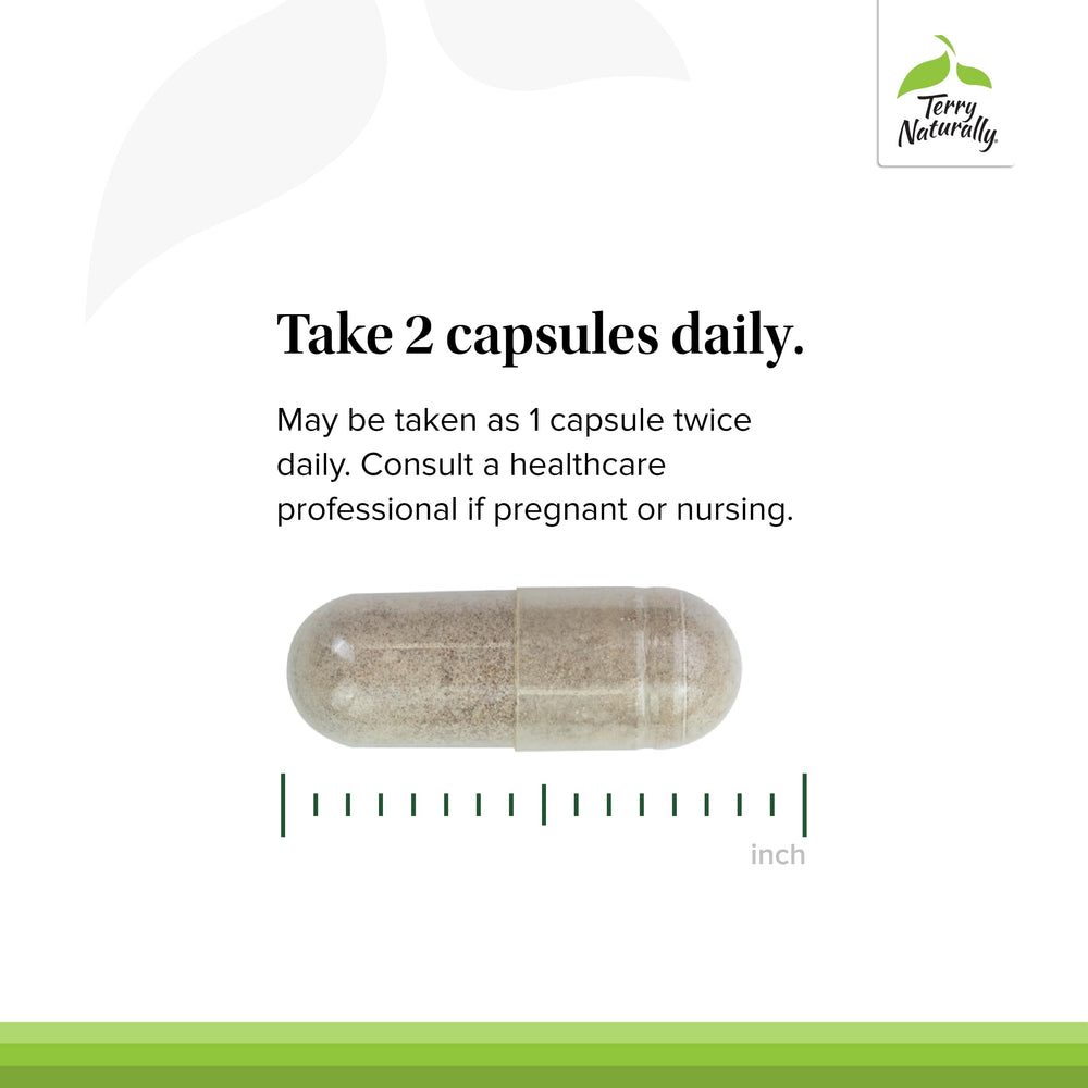 Terry Naturally Adrenaplex bottle with water demonstrates easy-to-swallow capsules.