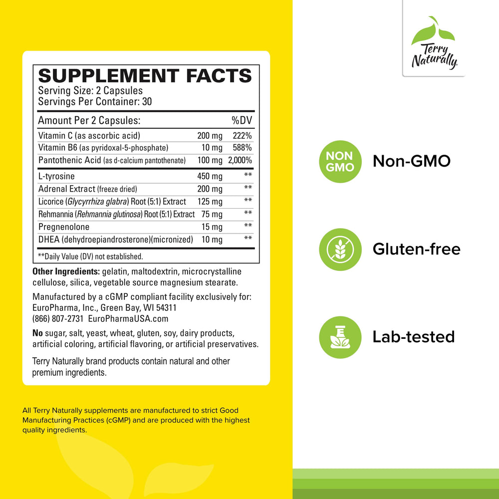 Terry Naturally Adrenaplex capsules close-up highlighting capsules and DHEA content for daily balance