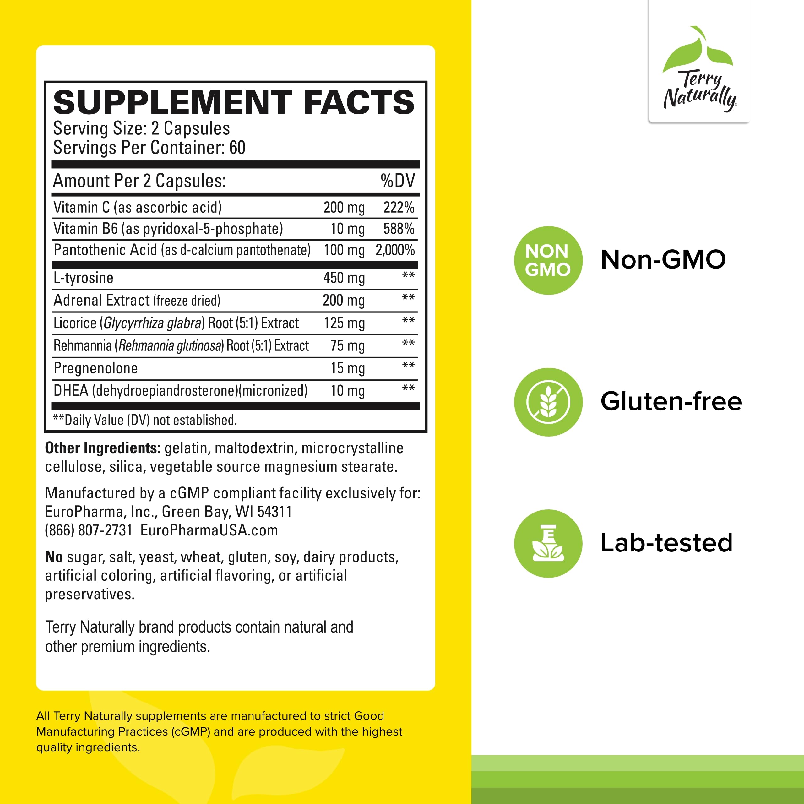 Terry Naturally Adrenaplex capsules neatly lined, suggesting simple daily adrenal support for energy management.