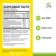 Terry Naturally Adrenaplex capsules neatly lined, suggesting simple daily adrenal support for energy management.