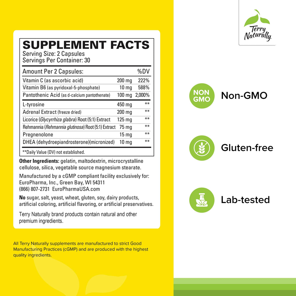 Close-up of Adrenaplex label showing DHEA and vitamins for energy support.