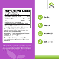 Closeup of Terry Naturally amla capsules highlighting antioxidant support for immune and heart health