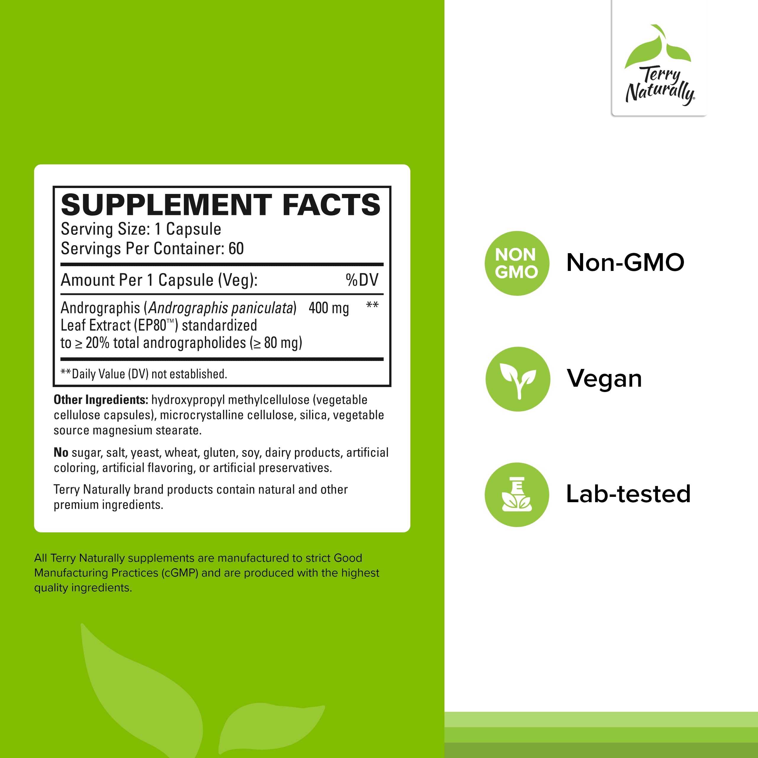 Terry Naturally Andrographis EP80 capsules close-up for vegan joint mobility support.