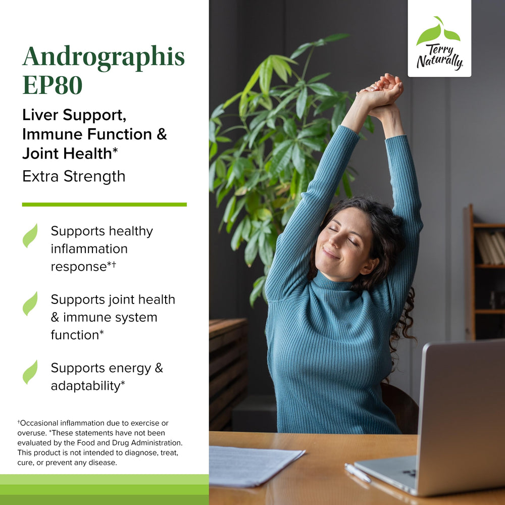 Terry Naturally Andrographis EP80 label detail highlighting extra-strength herbal blend.