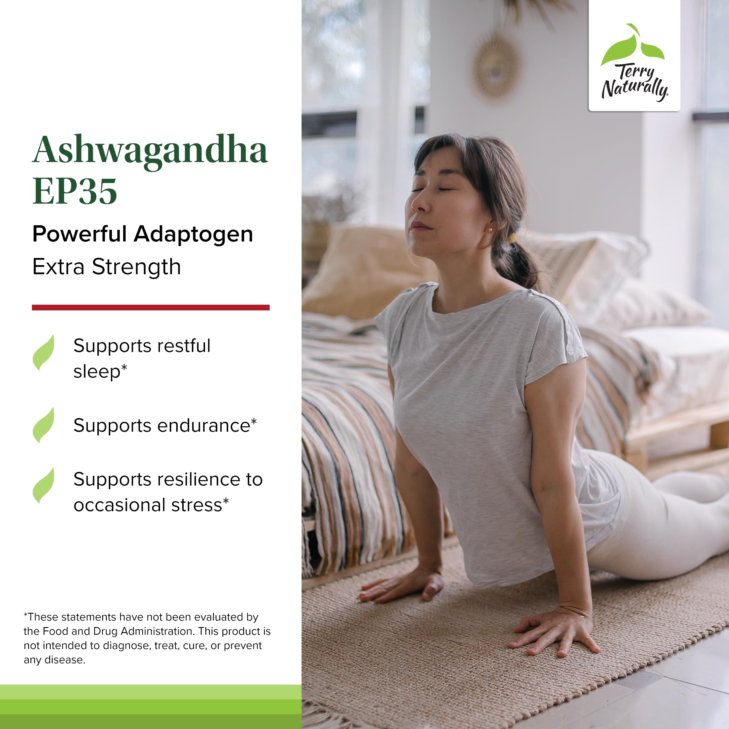 Terry Naturally Ashwagandha EP35 bottle pour suggesting easy daily use