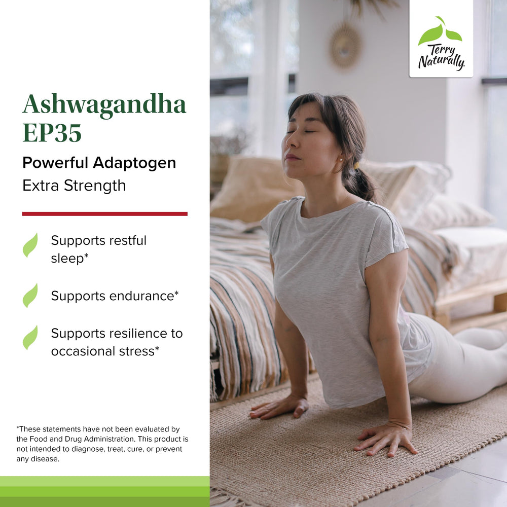 Terry Naturally Ashwagandha EP35 bottle pour suggesting easy daily use