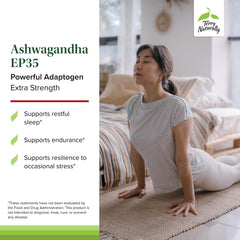 Terry Naturally Ashwagandha EP35 bottle pour suggesting easy daily use