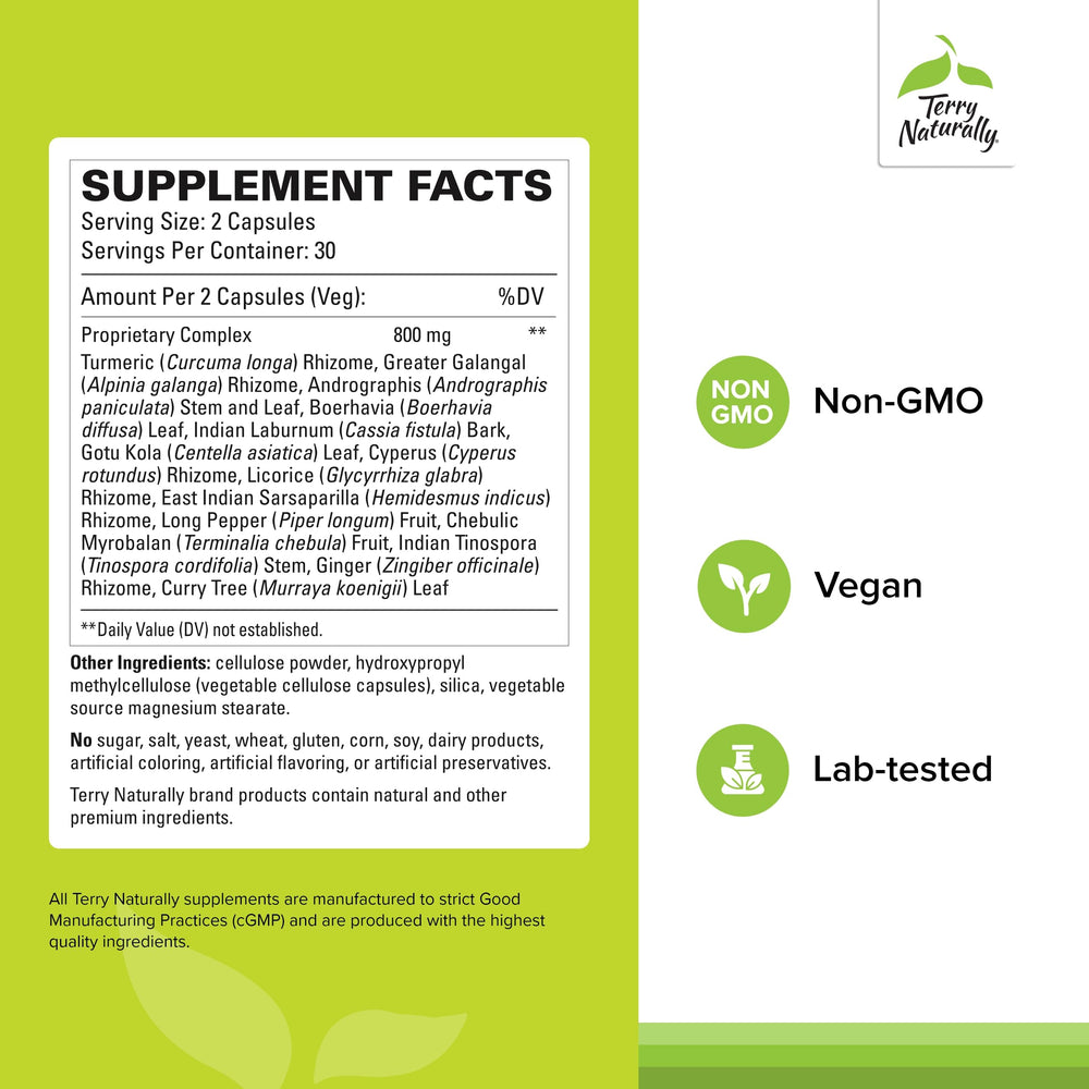Terry Naturally Ayurvedic Digestive Formula capsules ready for daily use to support regularity.