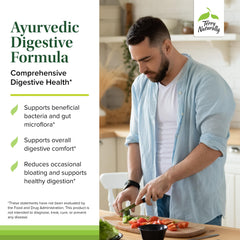 Label closeup of Terry Naturally Ayurvedic Digestive Formula showing a clean, stimulant-free digestive support.