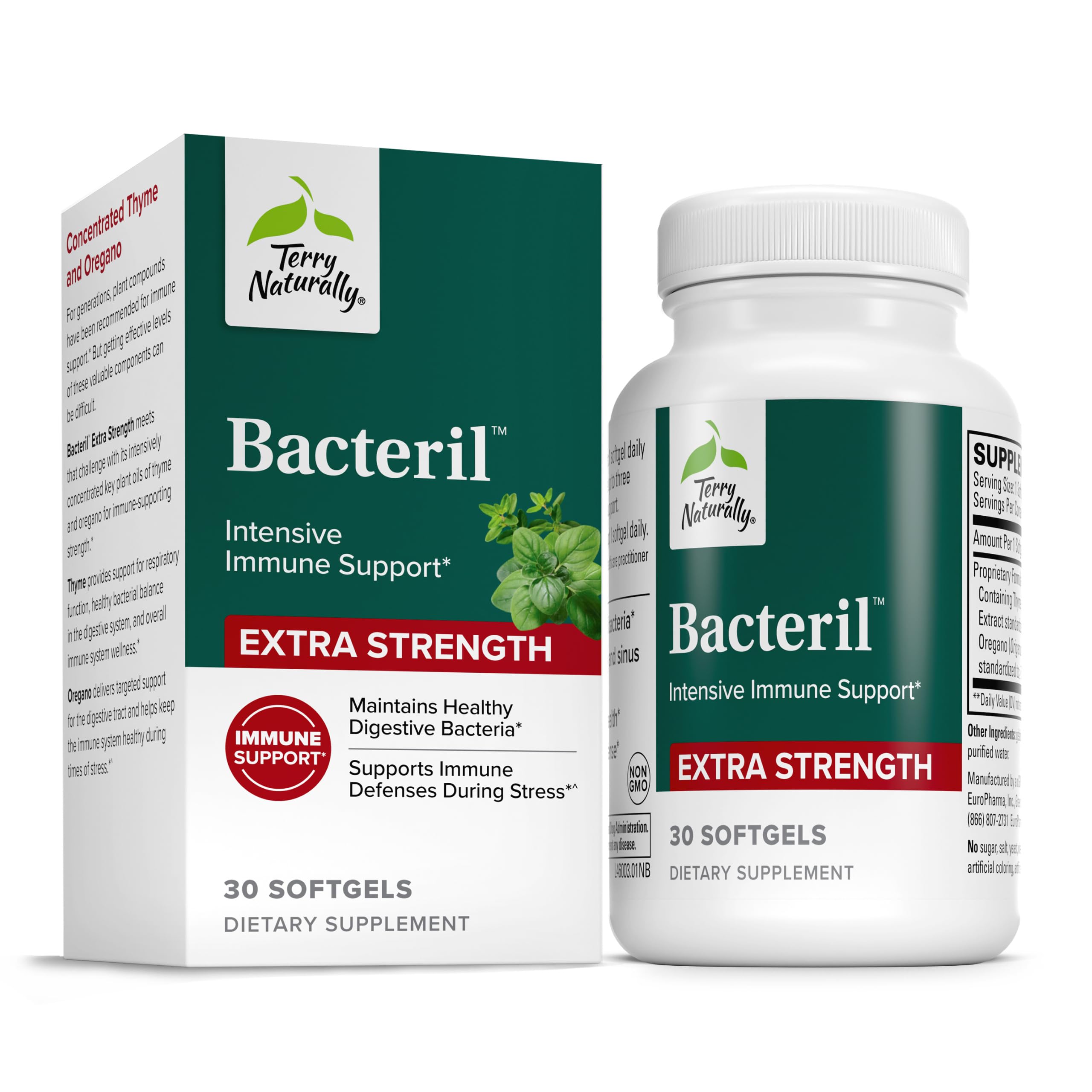 Terry Naturally Bacteril Extra Strength bottle and label highlighting immune and GI support