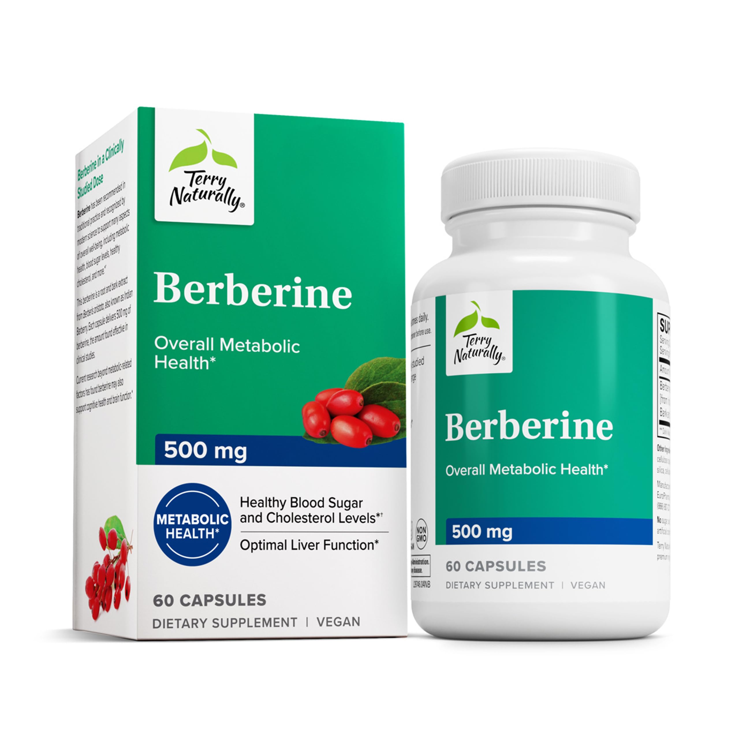 Terry Naturally Berberine bottle on shelf highlighting metabolism support.