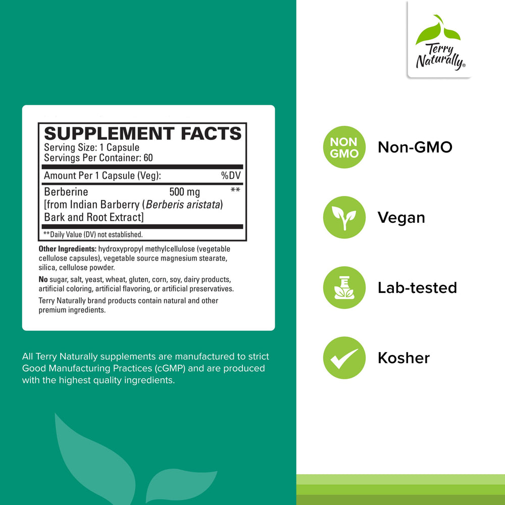 Terry Naturally Berberine capsules closeup for convenient daily dosing.