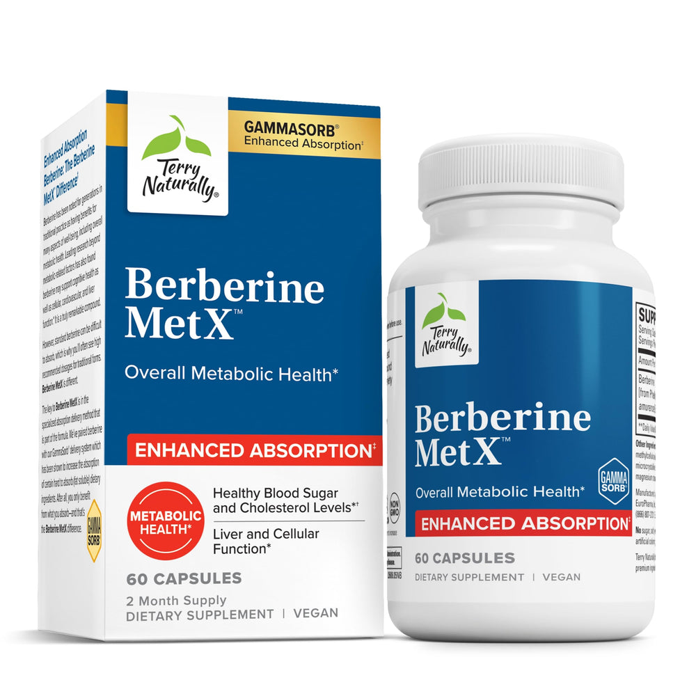 Terry Naturally Berberine MetX bottle shows 60 vegan capsules for daily metabolic support