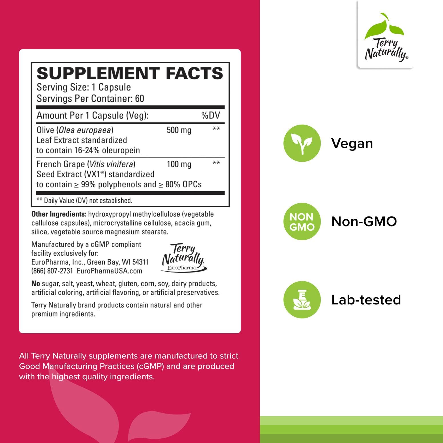 Terry Naturally Blood Pressure Health capsules closeup highlighting convenient daily capsules.