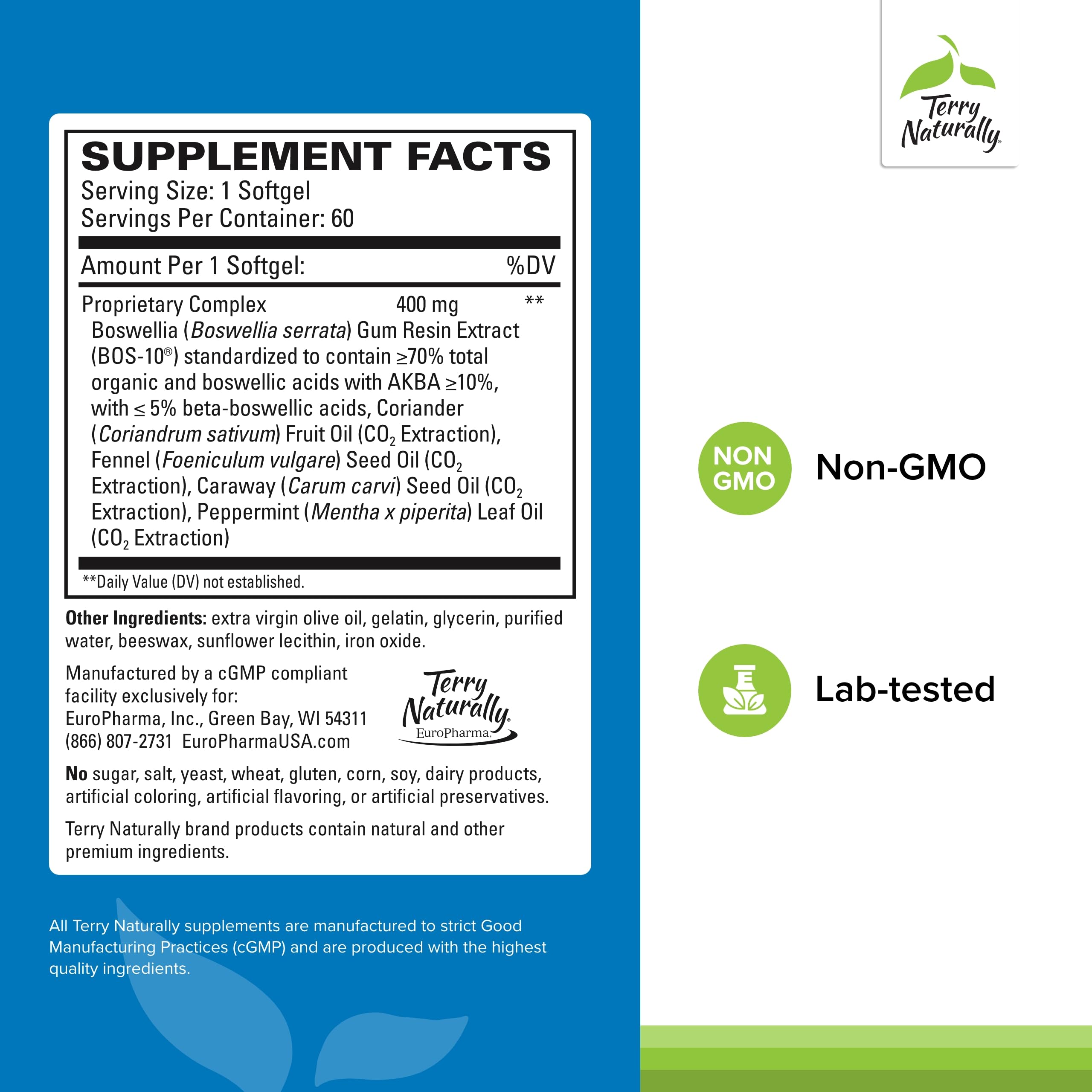 Terry Naturally BosMed bottle back detail highlighting clean label and allergen-free formula.
