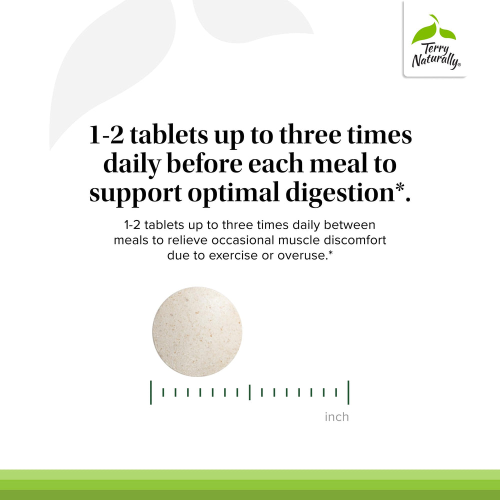 Terry Naturally Clinical Digestive Enzymes serving spoon illustrates convenient daily dosing.