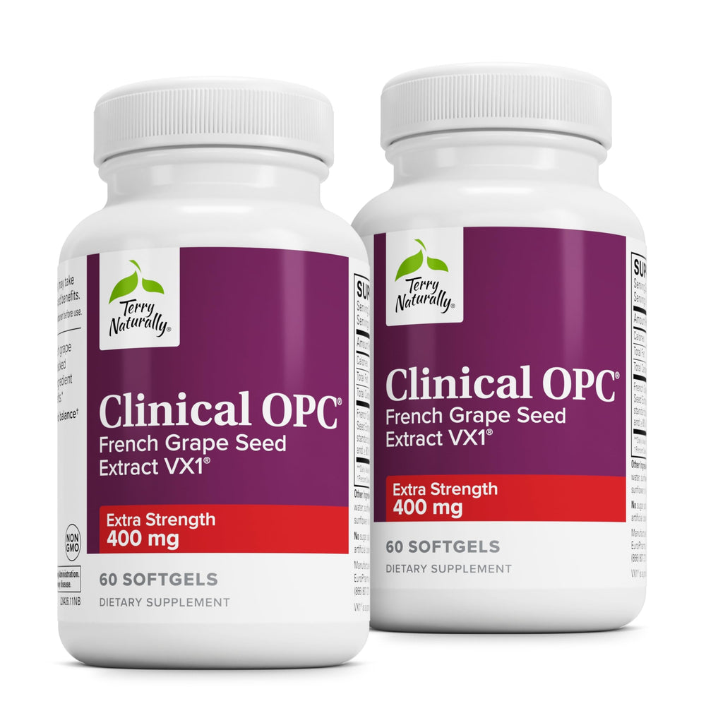 Terry Naturally OPC Extra Strength bottle highlighting cardiovascular support and immune health.