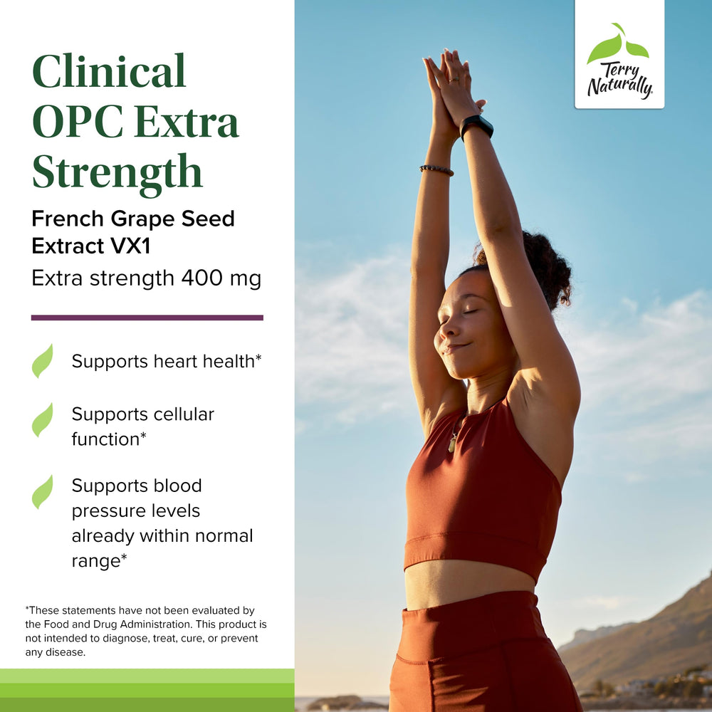 Terry Naturally OPC Extra Strength grape seed extract capsules for heart health and cognitive focus.