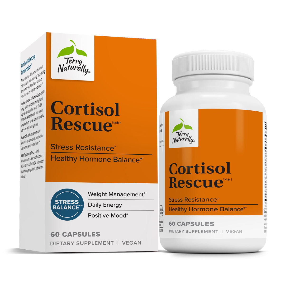 Terry Naturally Cortisol Rescue bottle on a clean surface for daily use.