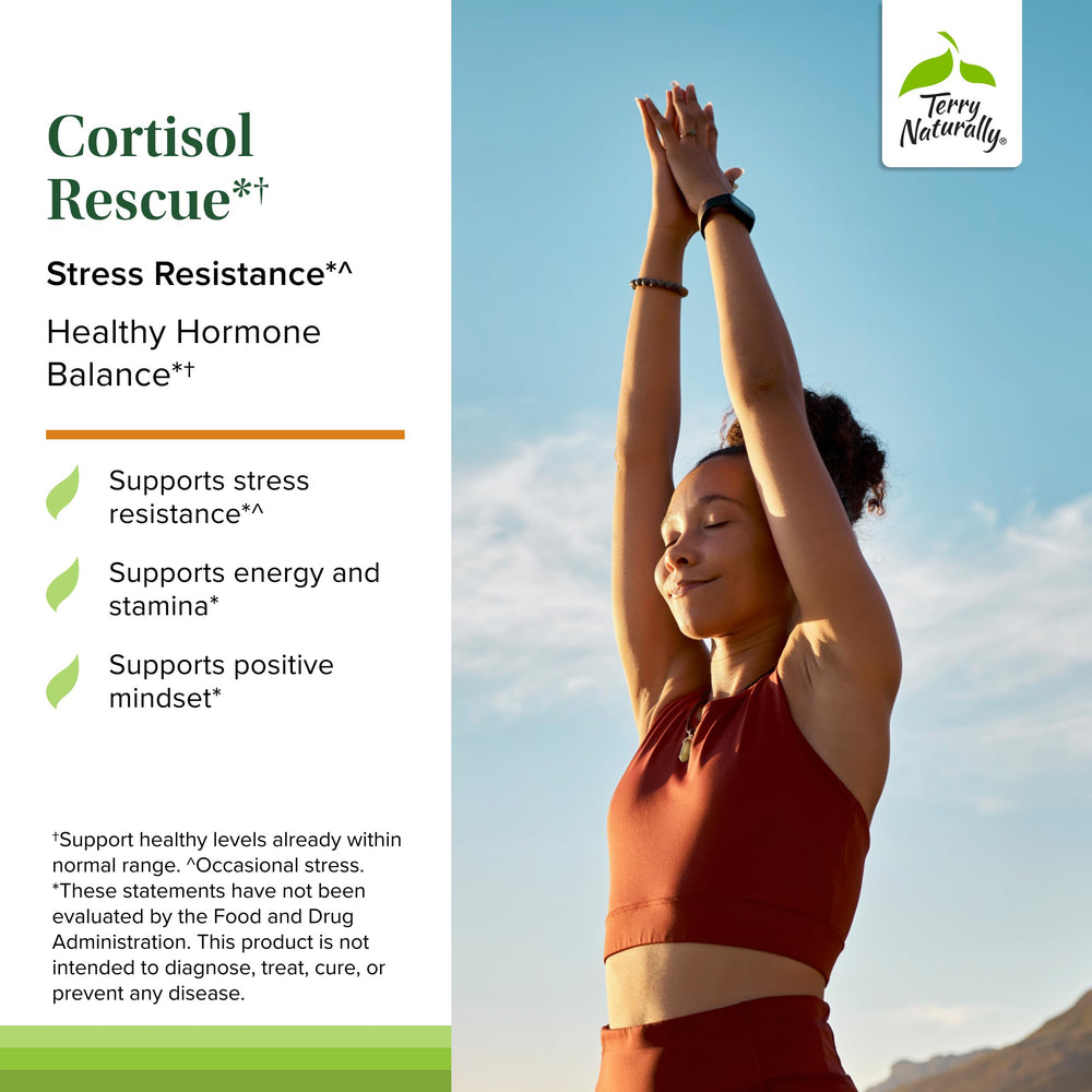Terry Naturally Cortisol Rescue vitamin C and B complex ingredients highlighted for adrenal support.