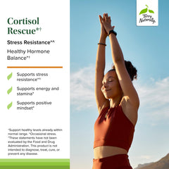 Terry Naturally Cortisol Rescue vitamin C and B complex ingredients highlighted for adrenal support.