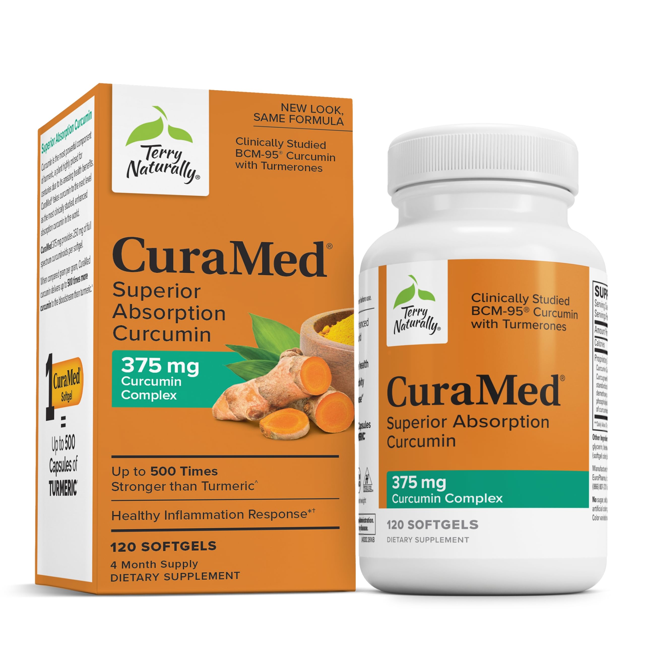 Terry Naturally CuraMed 375 mg, botella frontal, soporte antioxidante para cerebro