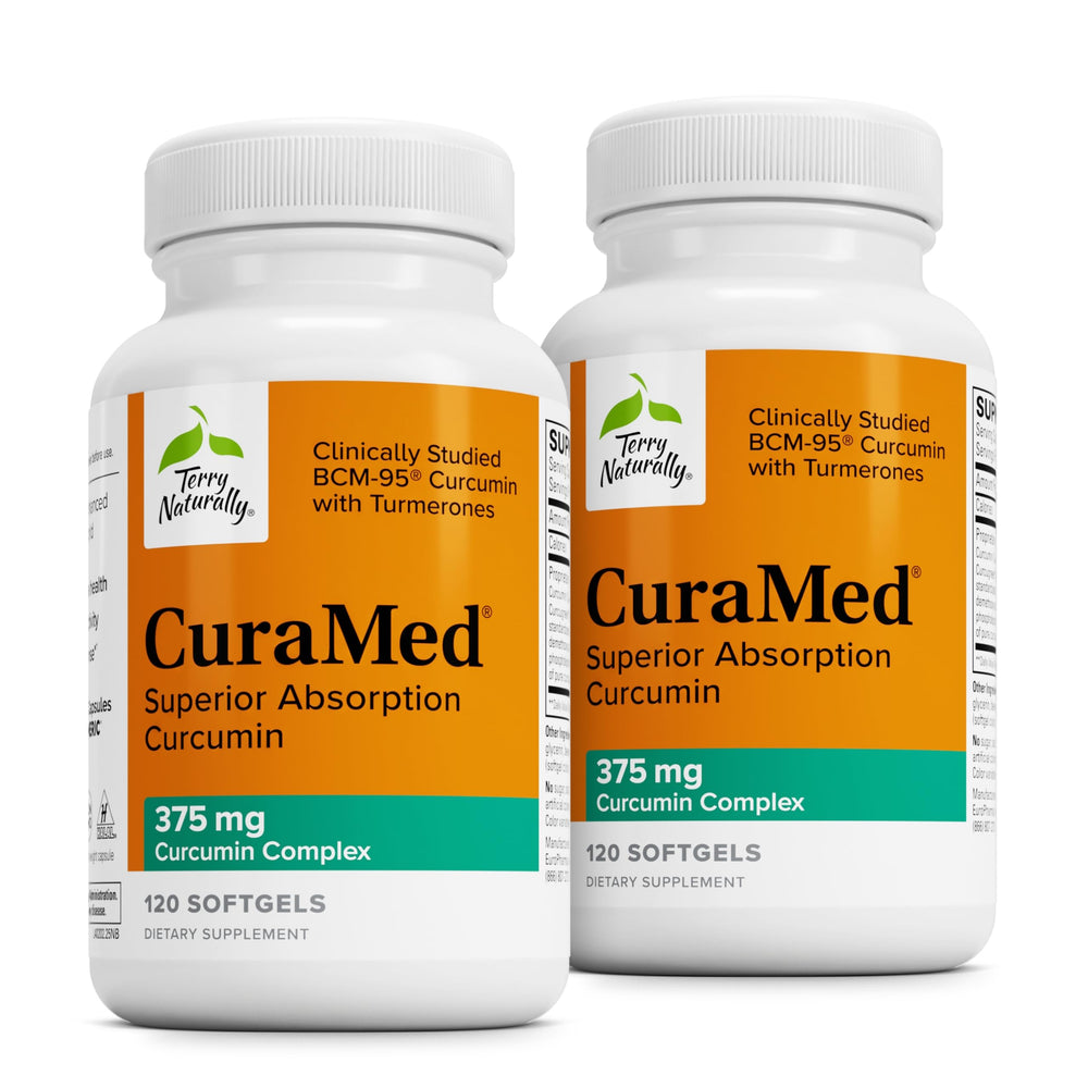Terry Naturally CuraMed 375mg softgels bottle front displaying antioxidant brain and liver support