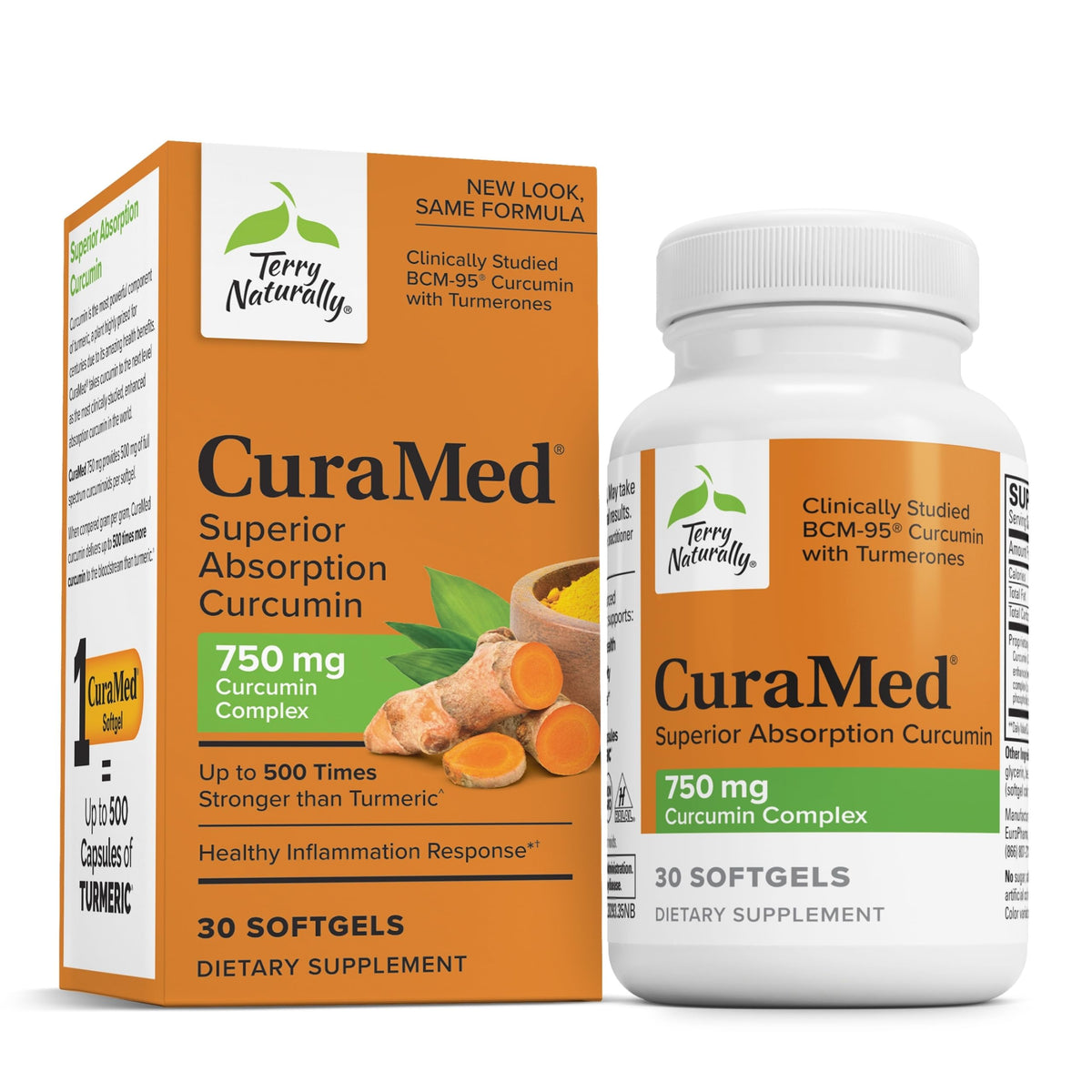 Terry Naturally CuraMed 750mg bottle front, highlighting premium curcumin for daily antioxidant support.