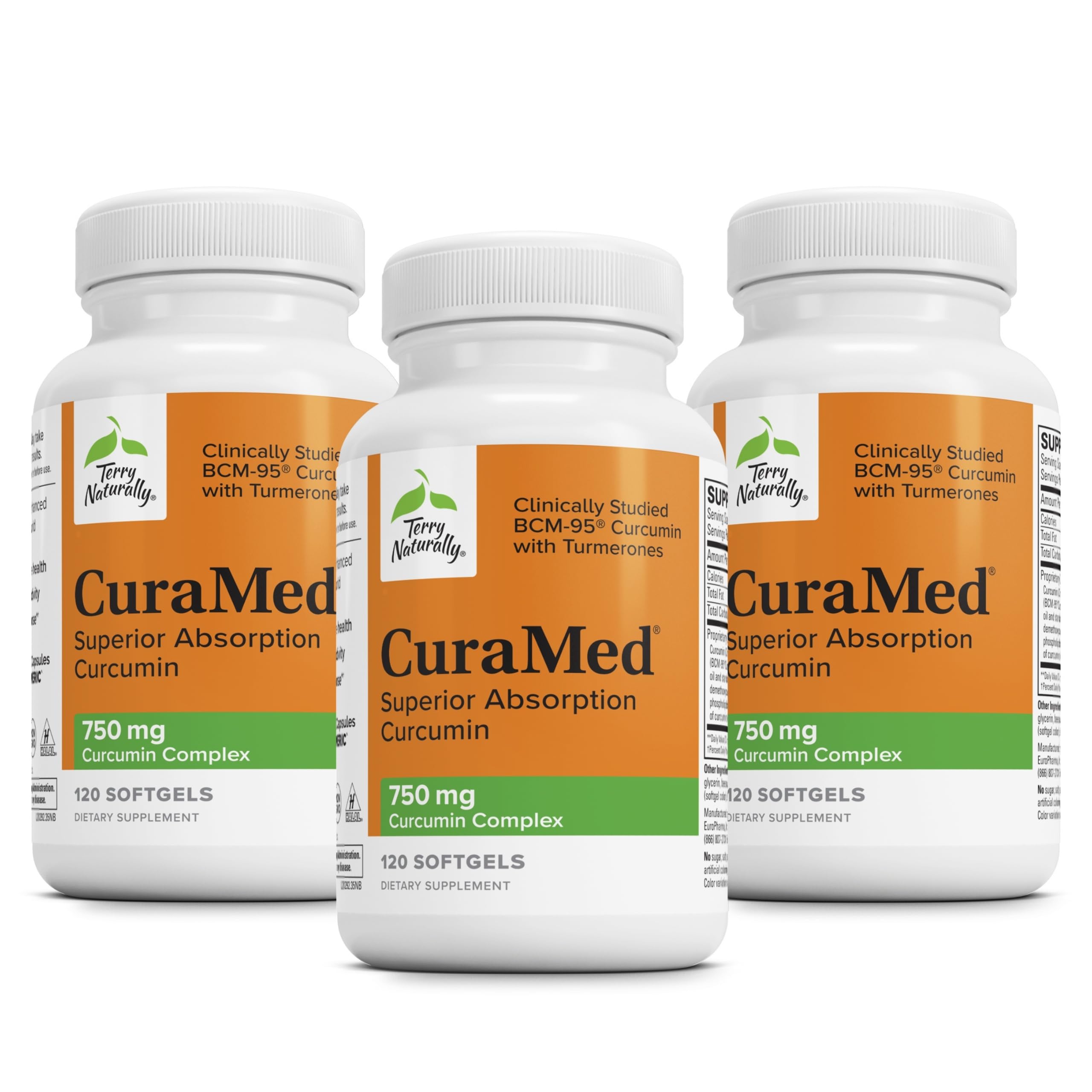 Terry Naturally CuraMed 750 mg bottle front highlighting brain and heart support potential.