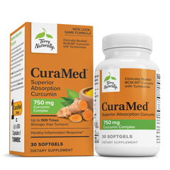Terry Naturally CuraMed 750mg bottle front, highlighting premium curcumin for daily antioxidant support.