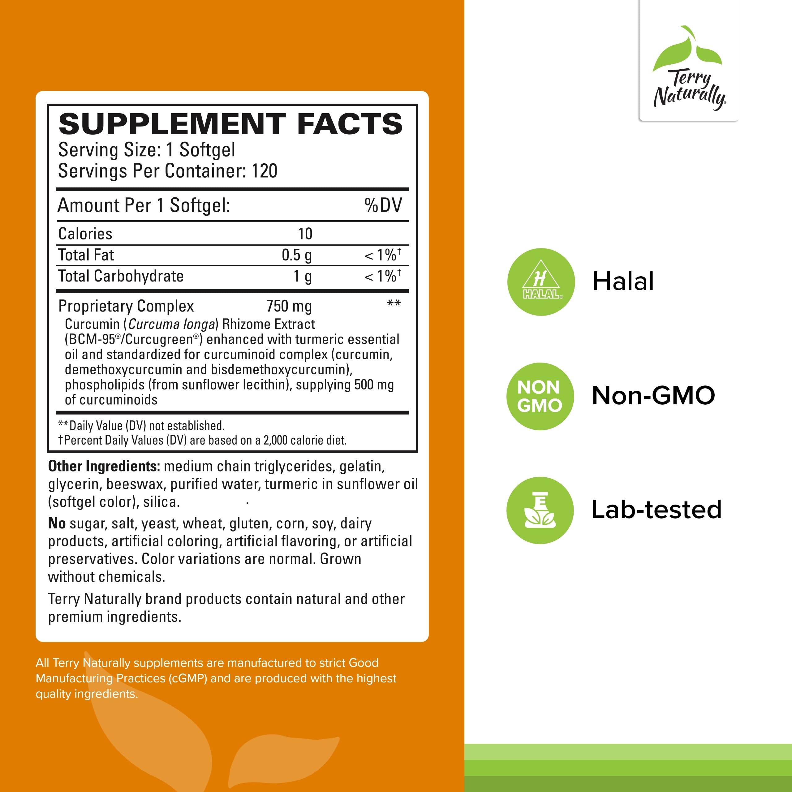 Terry Naturally CuraMed 750 mg bottle label notes high-potency curcuminoids for daily wellness.