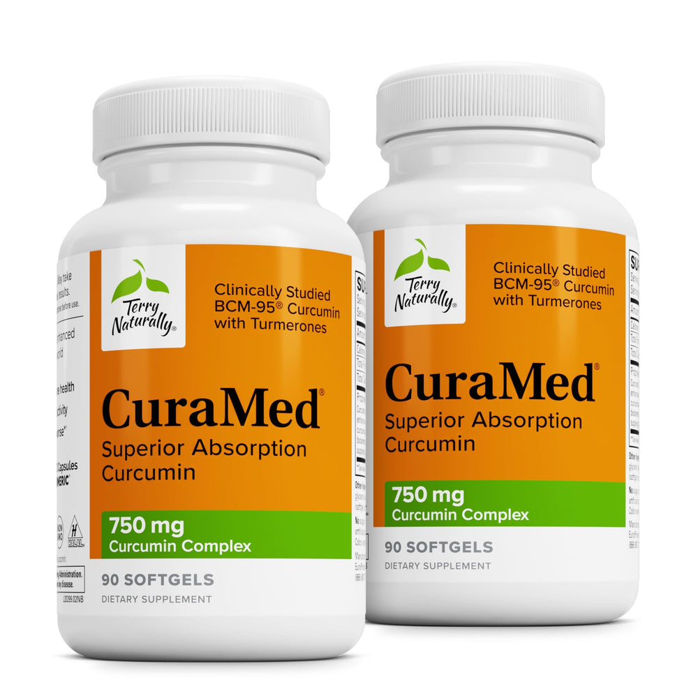 Terry Naturally CuraMed 750mg brain-health bottle highlighting potent curcuminoids.