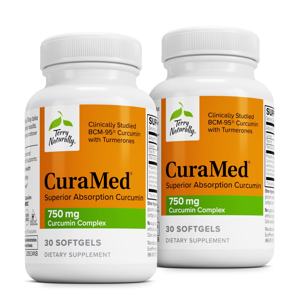 Terry Naturally CuraMed bottle closeup highlighting high-potency curcumin for daily antioxidant support.